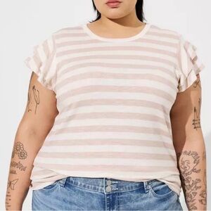 Torrid Super Soft Slub Crew Neck Ruffle Sleeve Tee Ivory Stripe 6X NWT